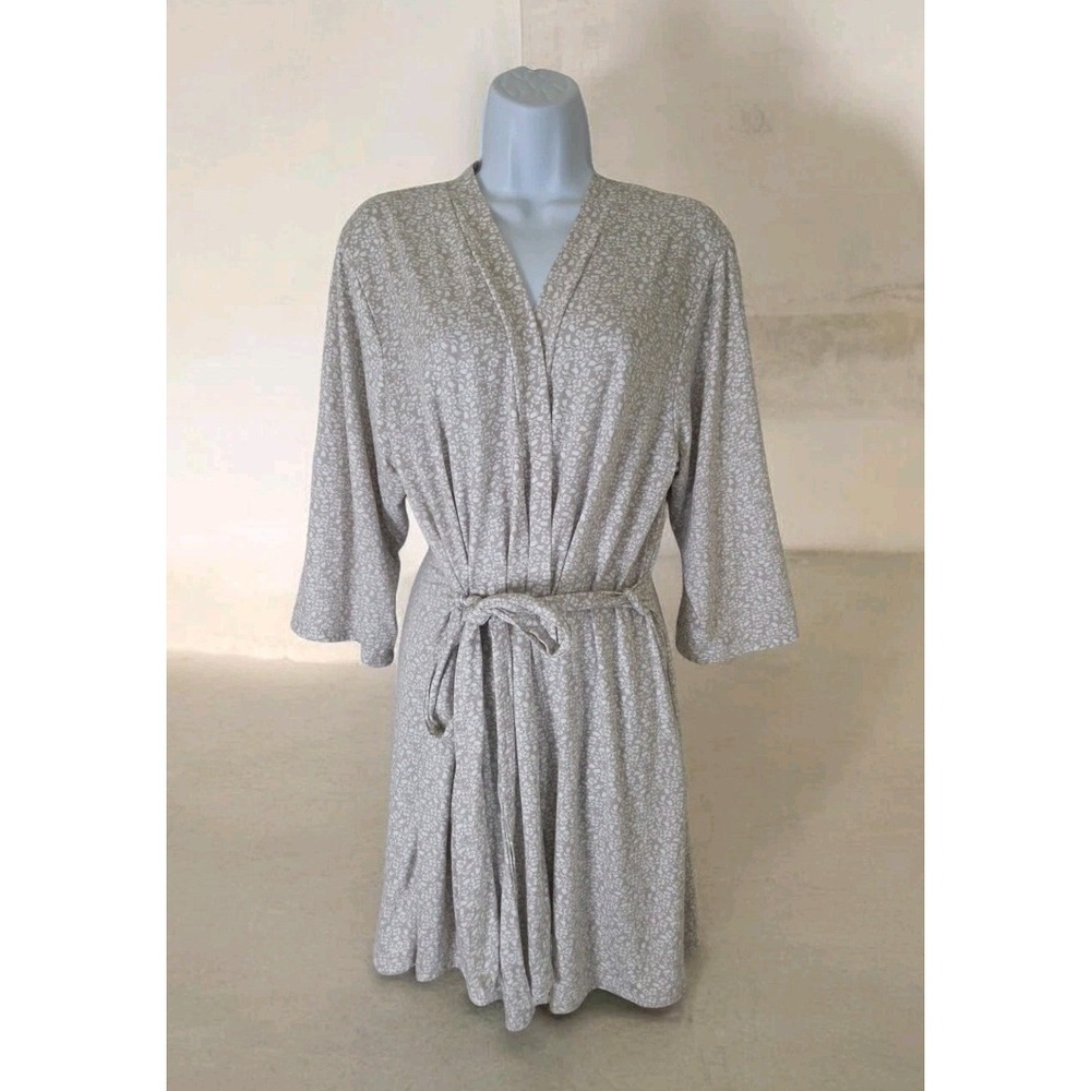 Rene Rofe Knee Length Robe XL Tan Floral Slinky 3/4 Sleeve Belted Waist Packable